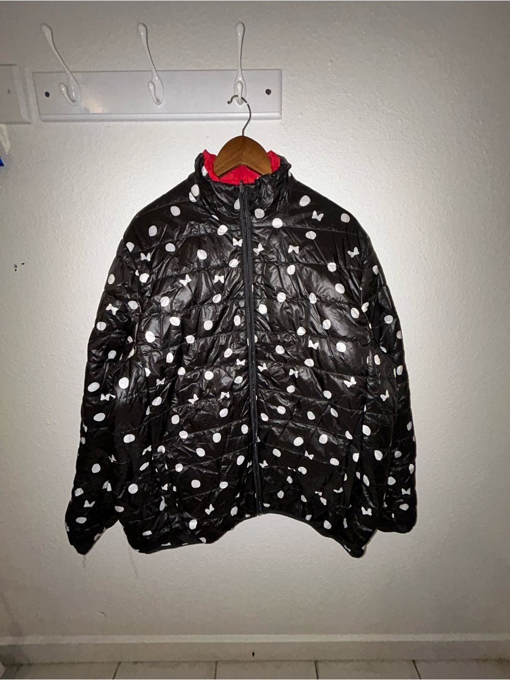 Disney Black Puffer Jacket with White Polka Dots and Red Lining